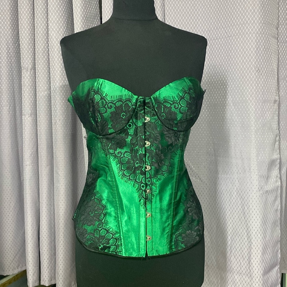 Green Satin and Black Lace Lace-Up Corset